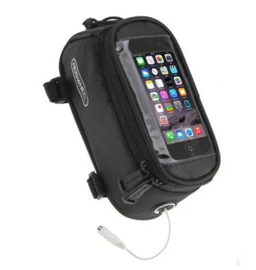 ROSWHEEL black PVC bicycle phone bag mounted on a bike frame, showing size for iPhone.