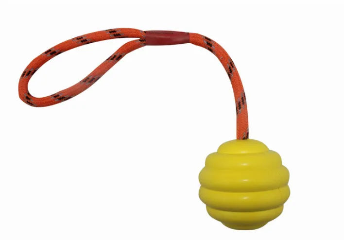 Multi-colour rubber dog training ball with rope knot, measuring 6x30cm