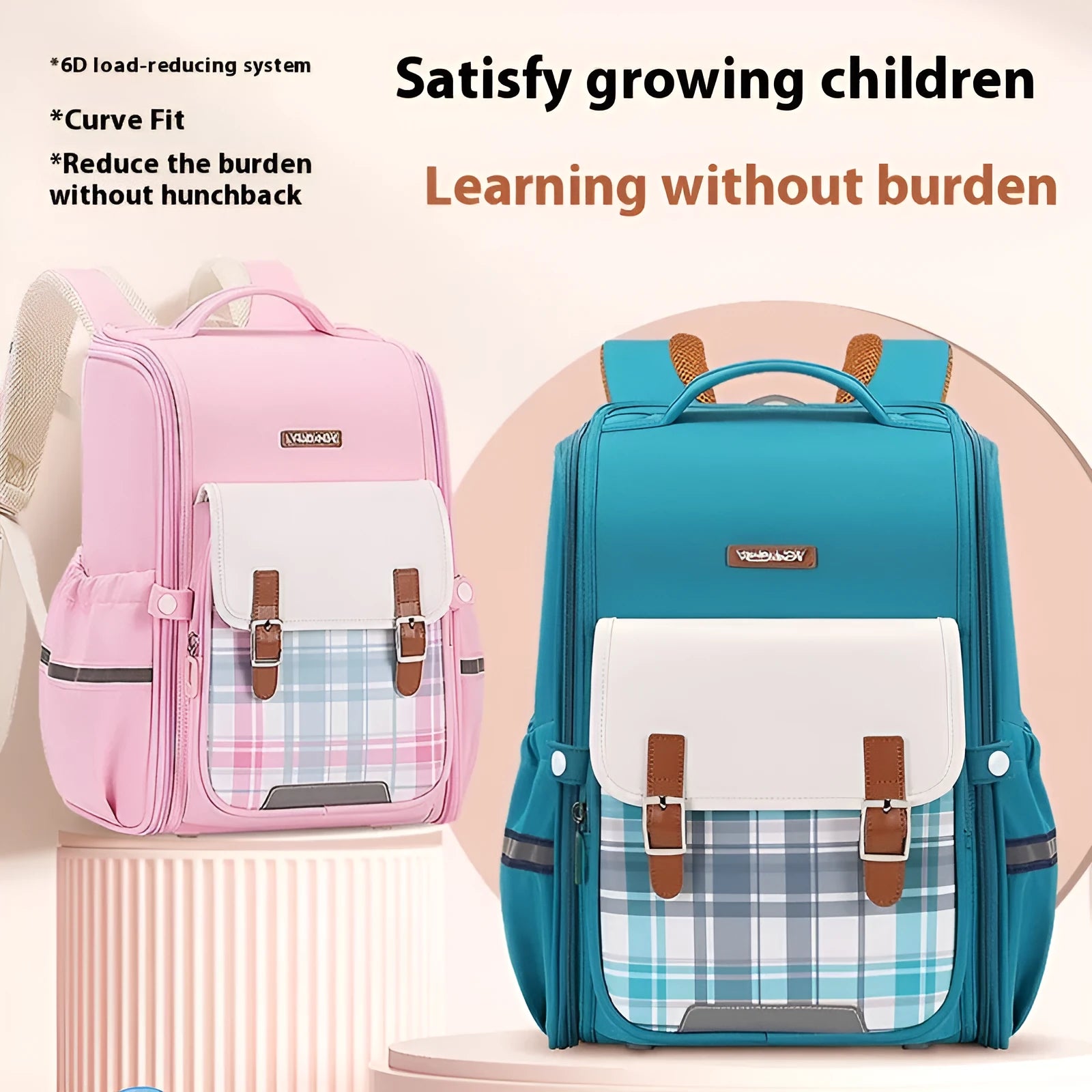 Lightweight Oxford cloth school backpack for students in navy blue, shown in a classroom setting.