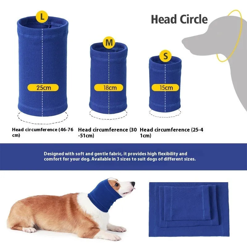 Blue or grey polyester dog headband scarf shown on canine model with S M L sizing options