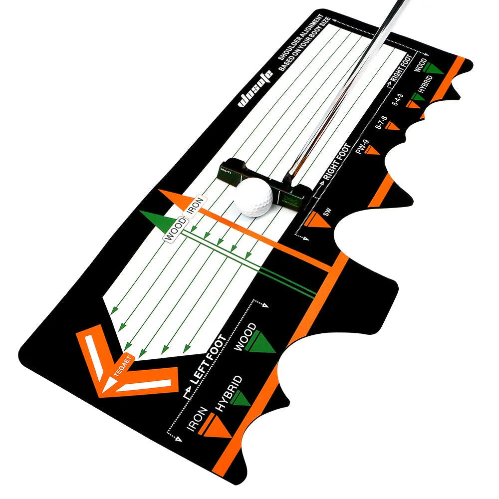 Black neoprene golf swing stance alignment pad with directional markings for training.