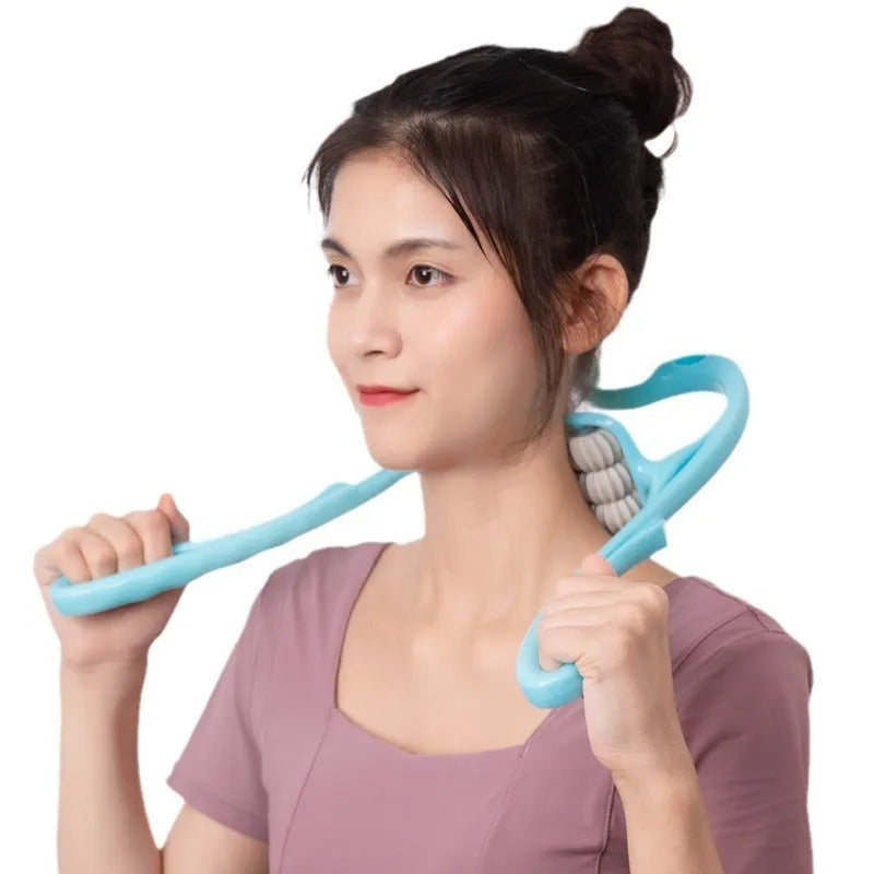 Blue plastic handheld massager with six rotating wheels for neck shoulder and waist