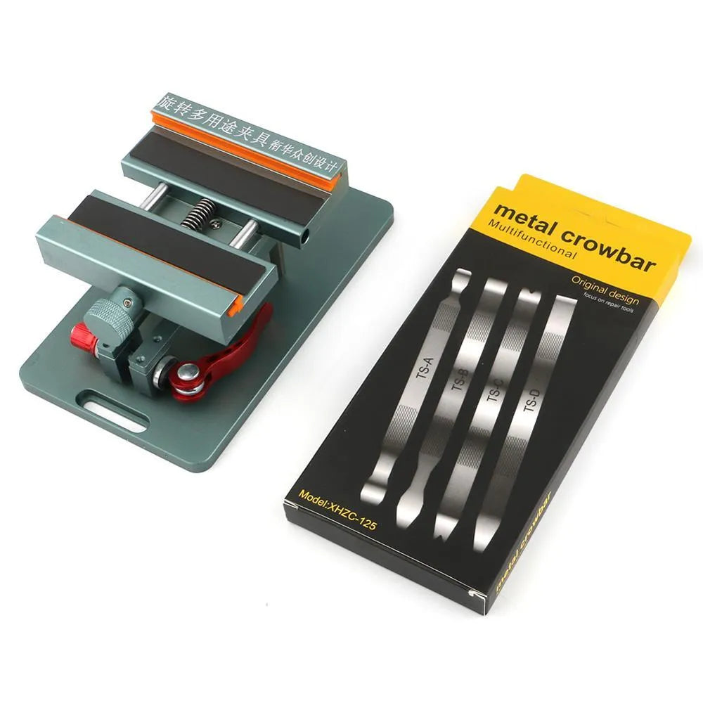 Mobile phone rear cover glass fixing fixture with adjustable clamp and demolition crowbar tool