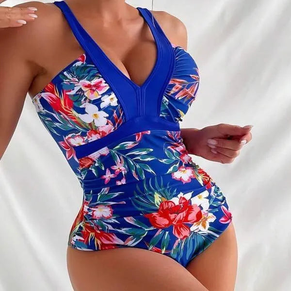 Women's floral pattern backless one-piece swimsuit in a polyester-spandex blend