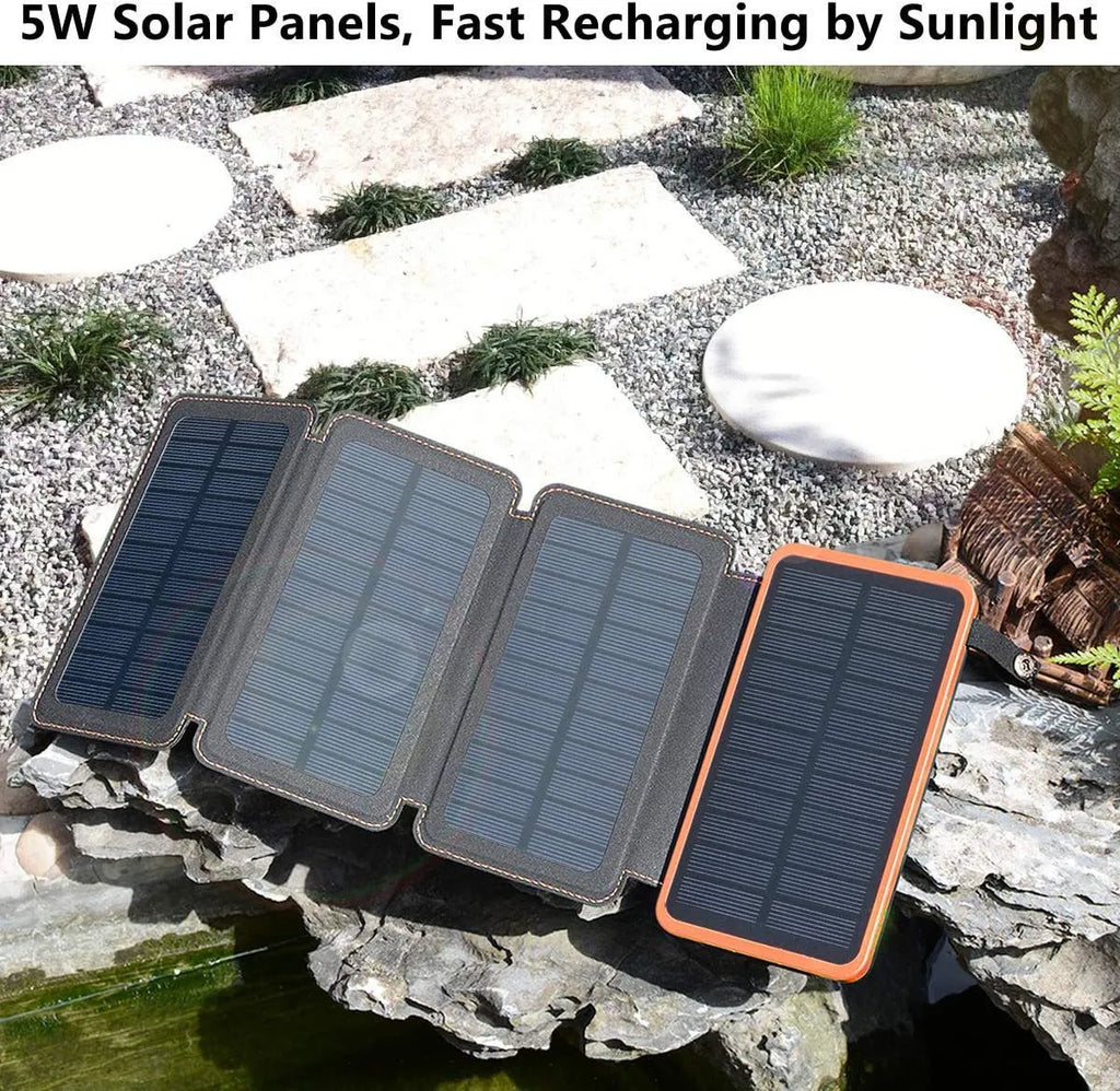 Waterproof solar phone charger with LED light in black, blue, green, or orange colour options