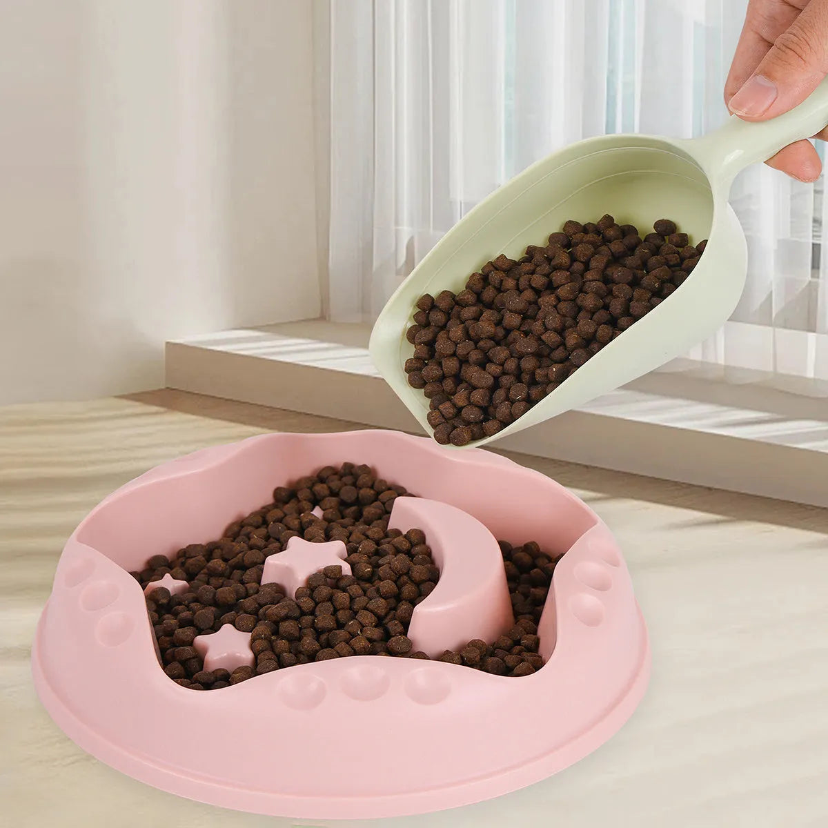 Moon star wings design dog slow food bowl in blue, grey, green, pink or yellow colours