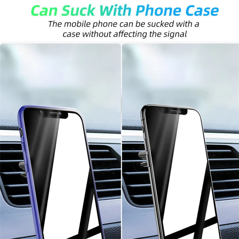 Magnetic car phone holder mounted on car air vent with smartphone attached