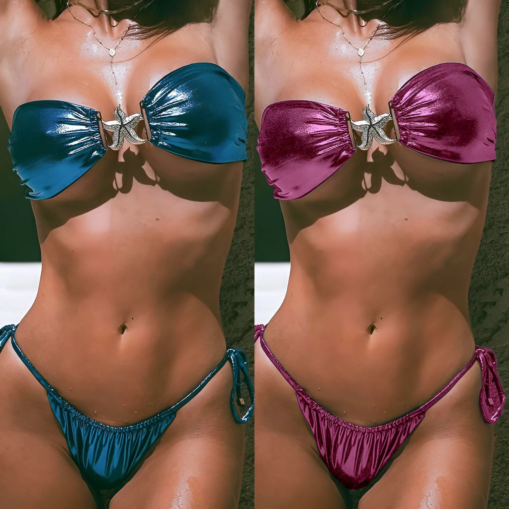 Women's glossy tube top bikini with gold starfish design in sapphire blue colour