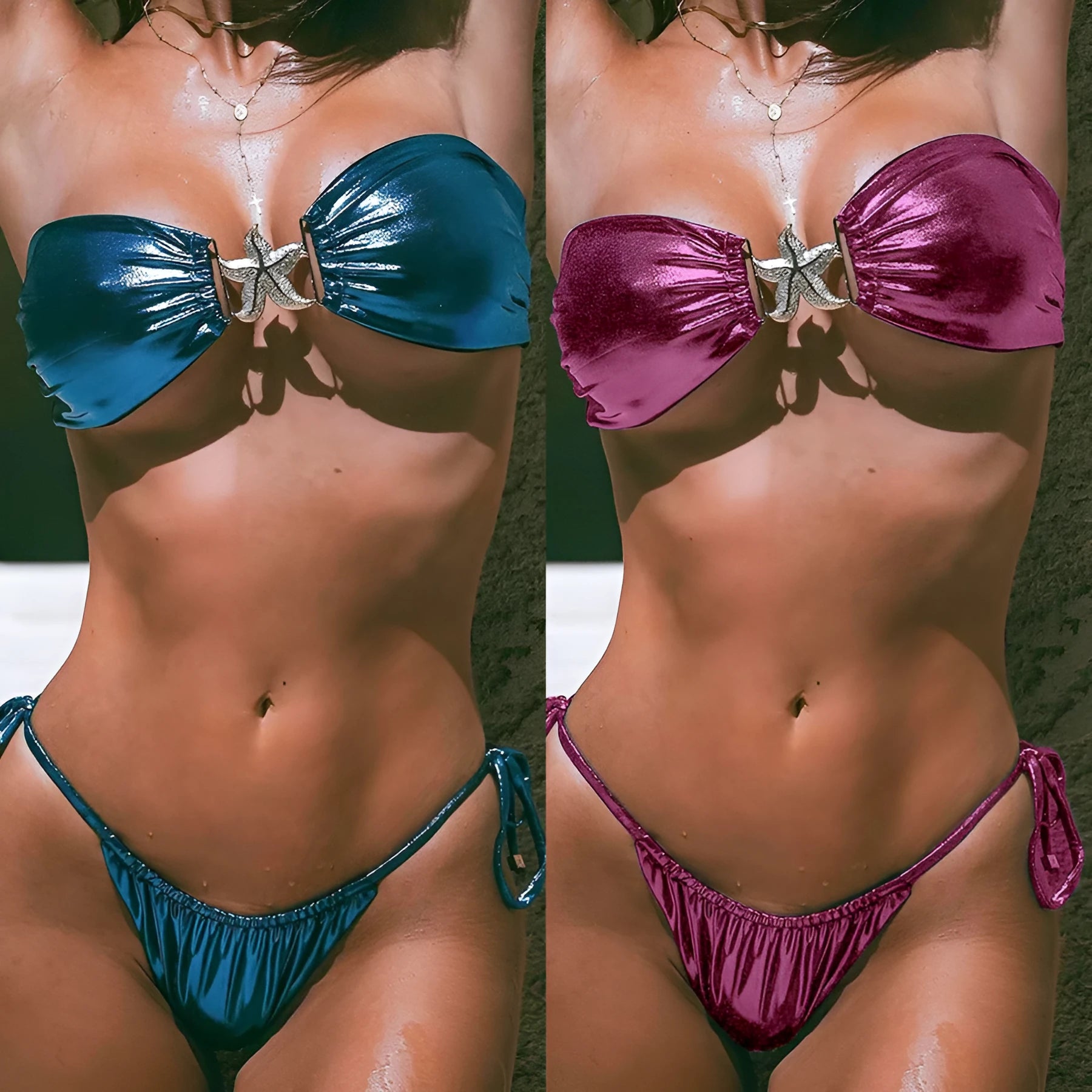Women's glossy tube top bikini with gold starfish design in sapphire blue colour