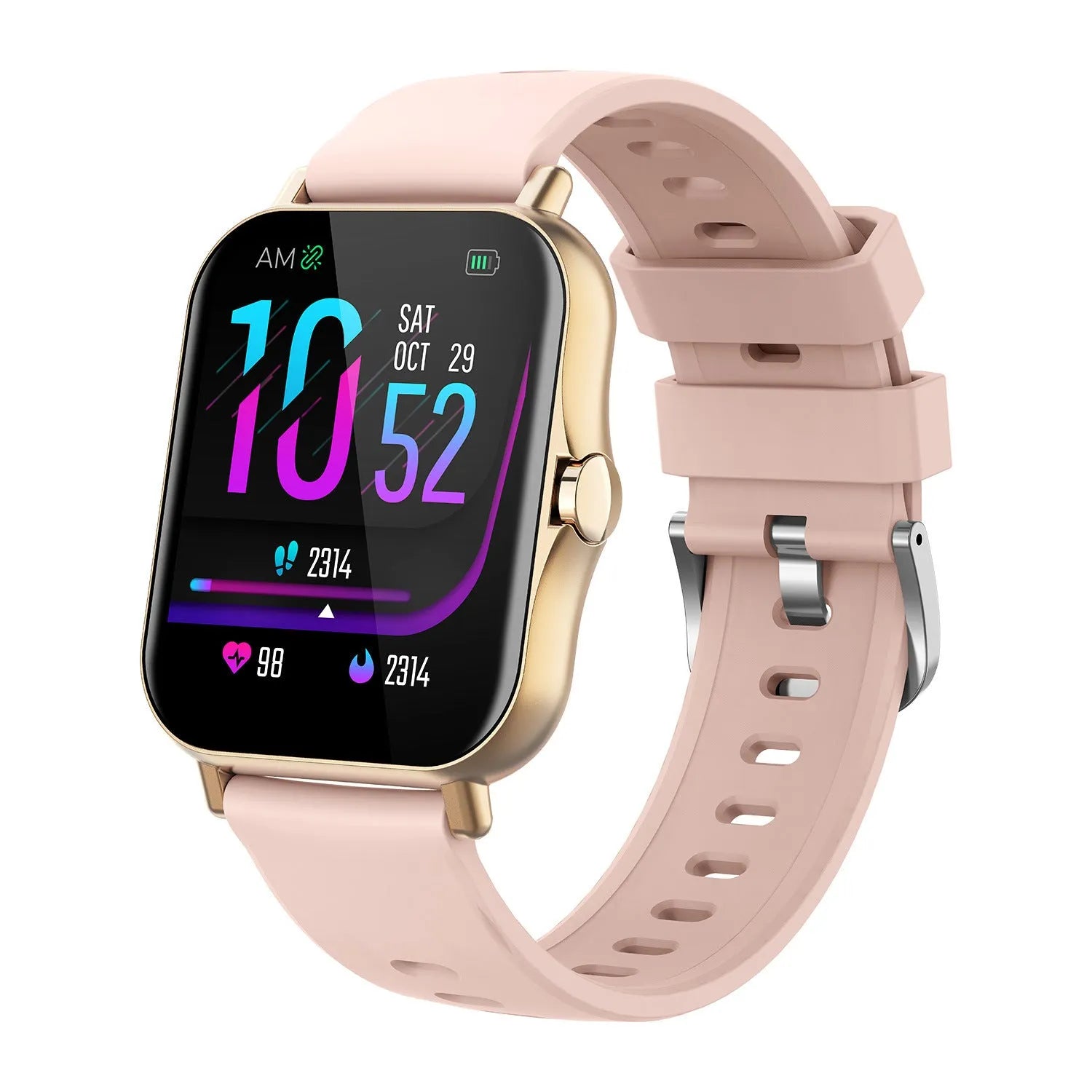 W10 Bluetooth smart watch with heart rate and blood pressure monitoring on wrist, showing 1.75-inch curved touch screen