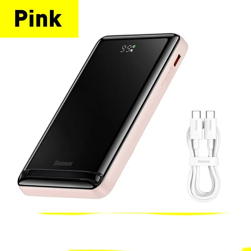Slim magnetic wireless power bank in blue colour showing dimensions 117.3mm x 69.7mm x 20.3mm