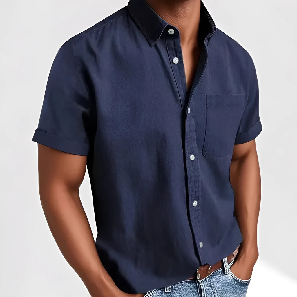 Men's loose fit short sleeve shirt in cotton blend fabric showing single-breasted cardigan styling