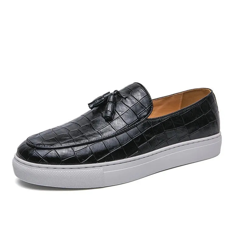 Plus size men's business casual sneakers with tassel detail on artificial PU upper in black, brown or white