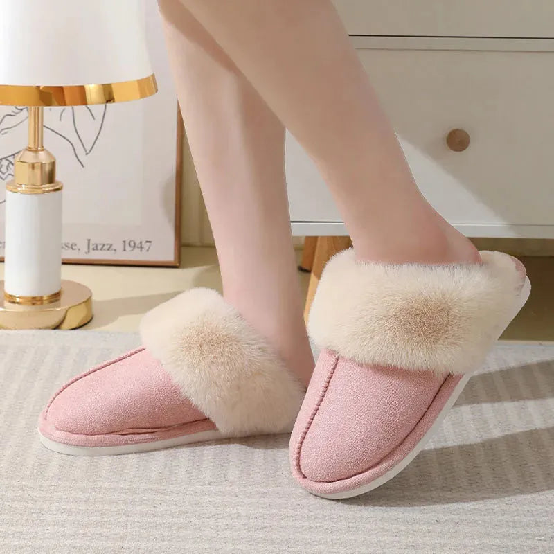 Brown women's plush indoor slippers with round toe, flat heel, and textured PVC anti-slip sole.