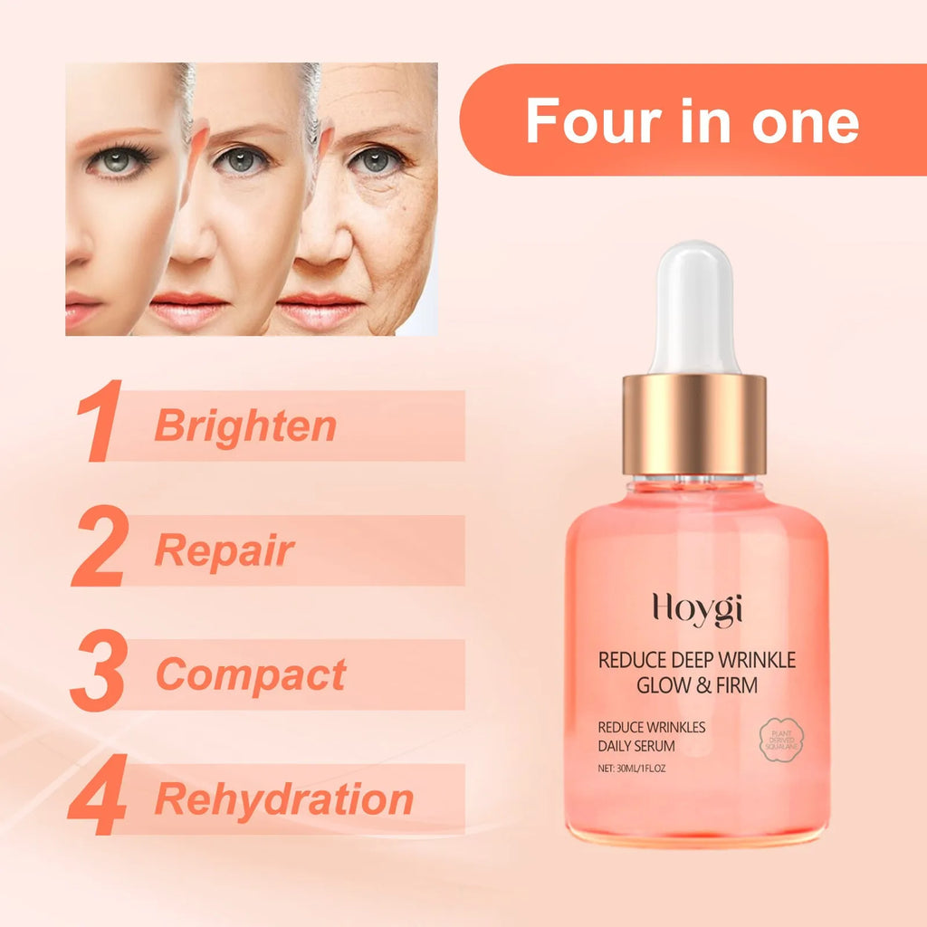 30ml bottle of rose essential oil serum for fine wrinkles, brightening and firming skin.