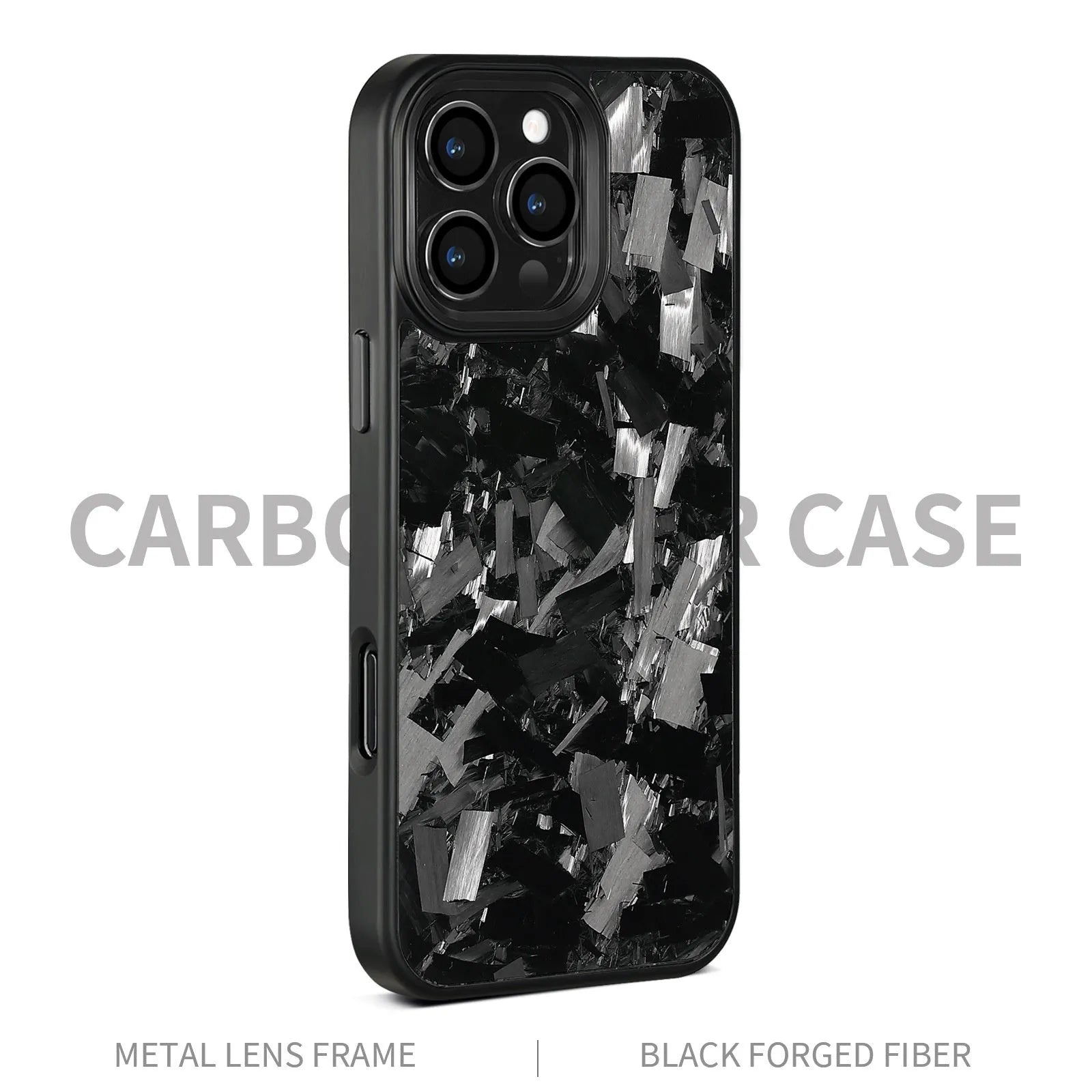 Magnetic carbon fibre iPhone 17 protective case with forged metal frame pattern in various colour options