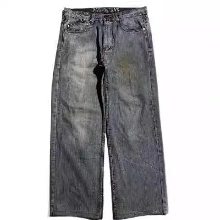 Men's grey washed-out jeans with wide-leg workwear design and straight-cut silhouette