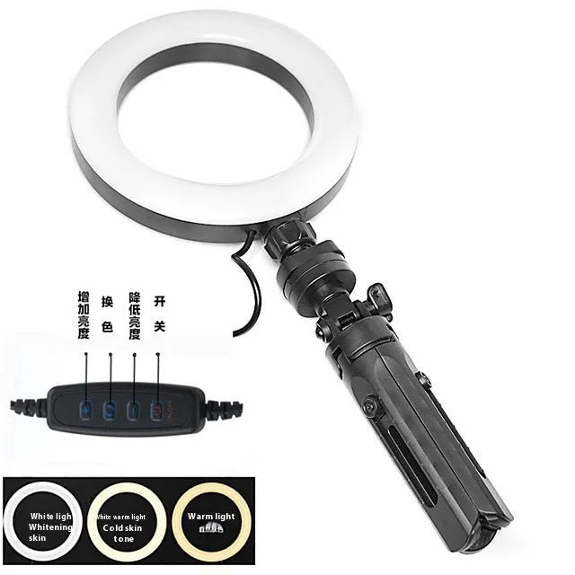 Black desktop tripod with adjustable fill light and universal mobile phone bracket for video recording