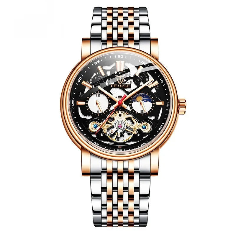 Men's mechanical watch with visible tourbillon, luminous dial, in rose black colour.