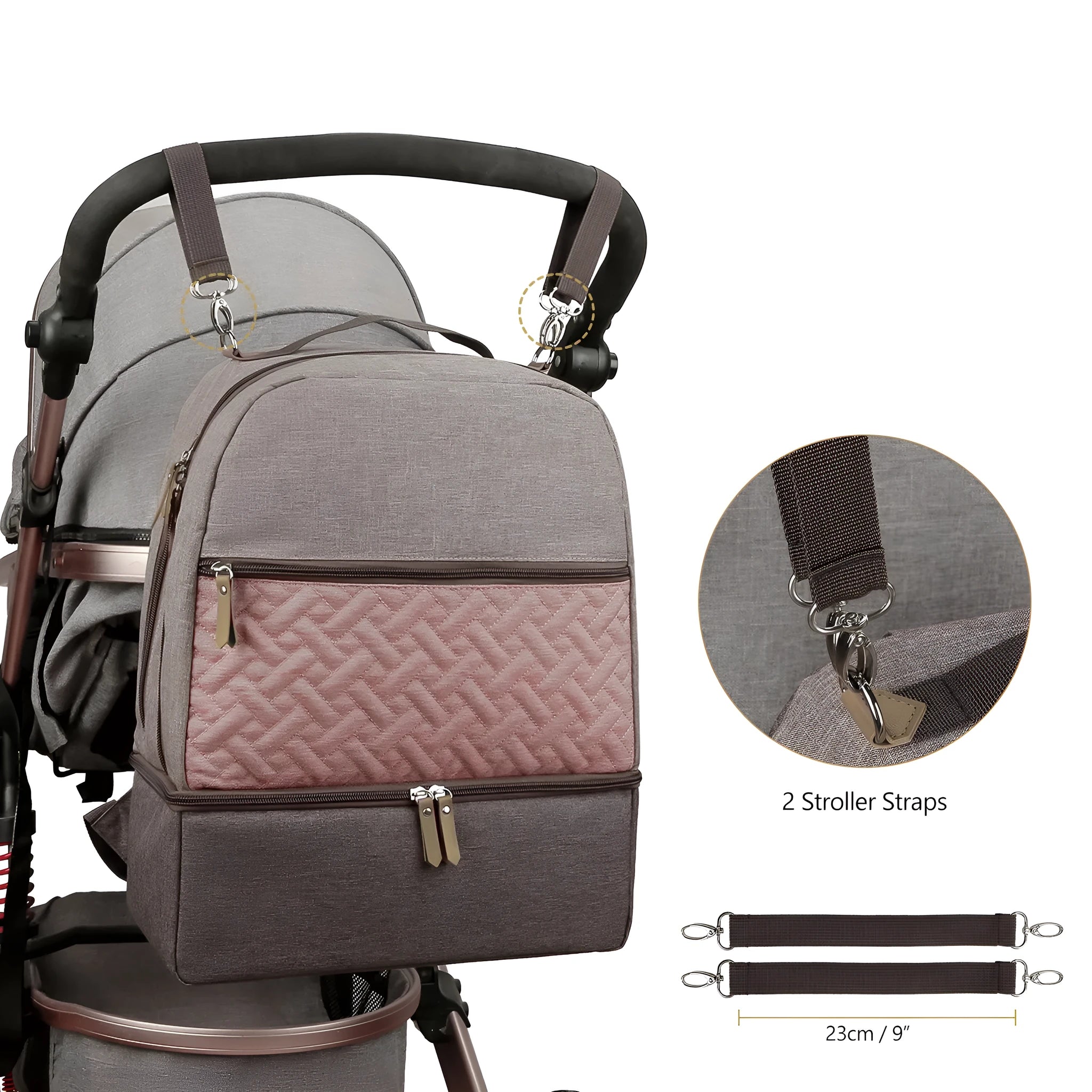 Grey insulated Oxford cloth mother and child travel backpack with curved shoulder straps, shown open to display organisation compartments.