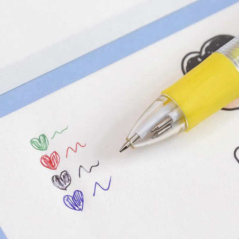Cute cartoon-themed four-colour press ballpoint pen with 0.7mm tip, showing one random design variant.