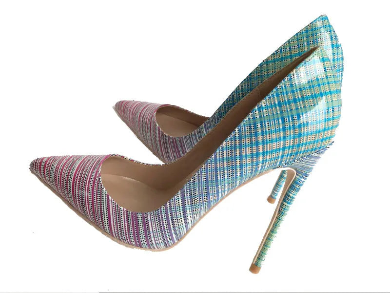 Pink and blue gradient patent leather ladies stiletto heels with pointed toe and thin high heel.
