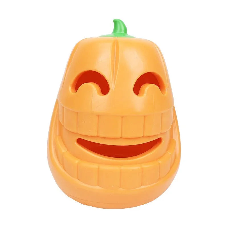 Orange Halloween pumpkin shaped rubber dog toy with a treat-dispensing funnel.