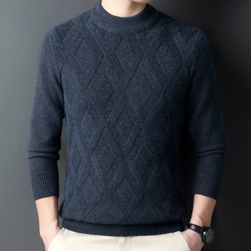 Men's winter thermal plus size sweater in wool blend with diamond jacquard texture