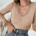 Women's solid colour casual top with lace trim and long sleeves in slim fit