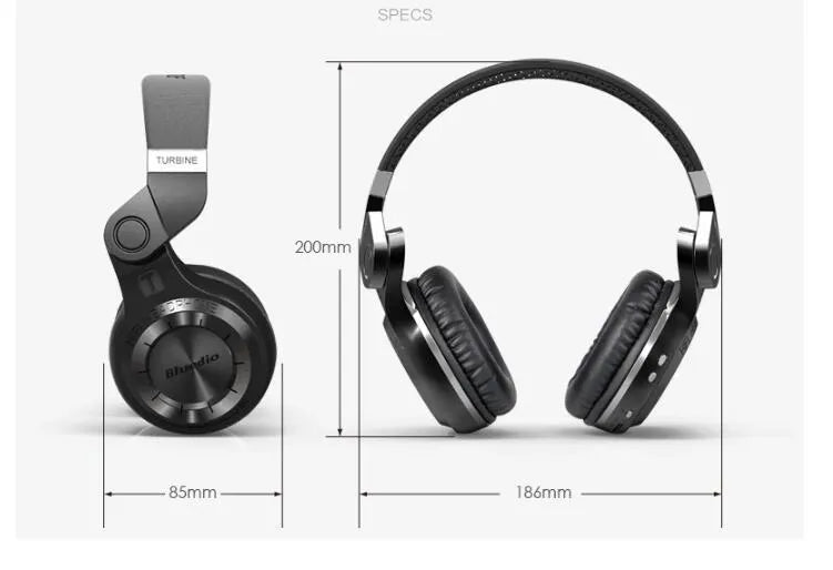 Blue String T2 Smart Edition 4.1 black and white over-ear Bluetooth headset shown in folded and unfolded positions with auxiliary cable.