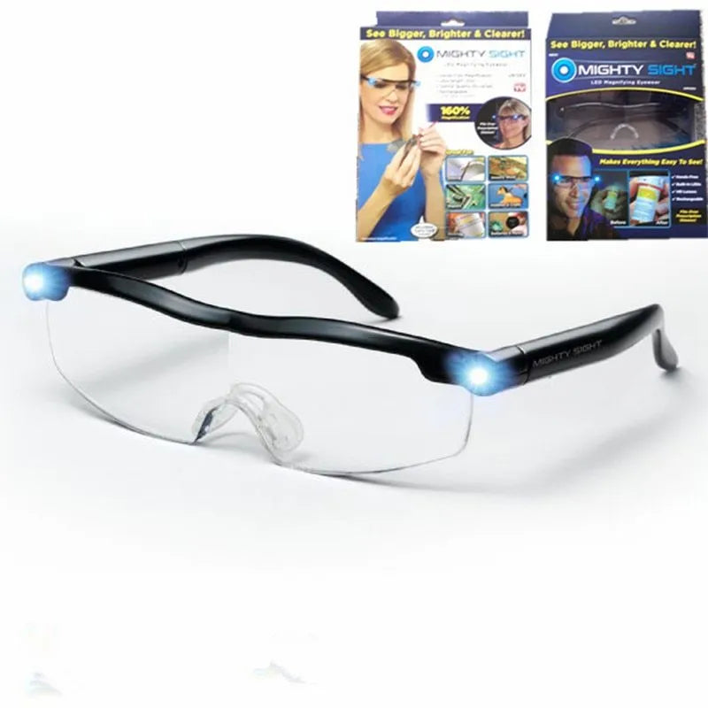 Transparent black USB LED reading glasses with integrated lighting, shown on reading material