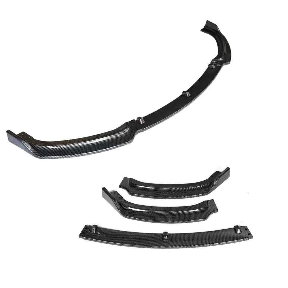 Black polypropylene front bumper lip spoiler for BMW 3 Series F30 F35 models on a car.