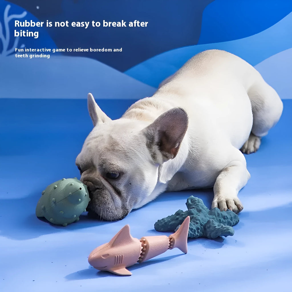 Blue and green deep sea shark rubber dog toys for aggressive chewers