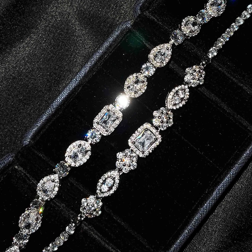 Women's geometric silver-plated bracelet with zircon stones showing adjustable and fixed length options