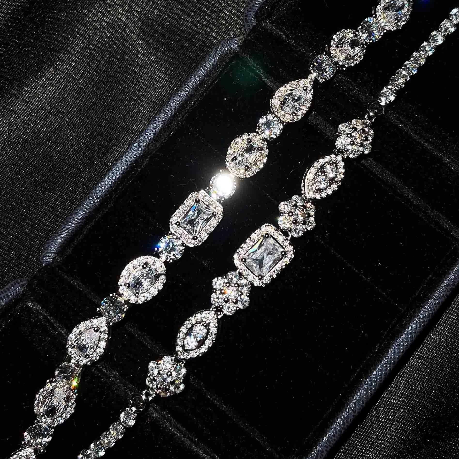 Women's geometric silver-plated bracelet with zircon stones showing adjustable and fixed length options