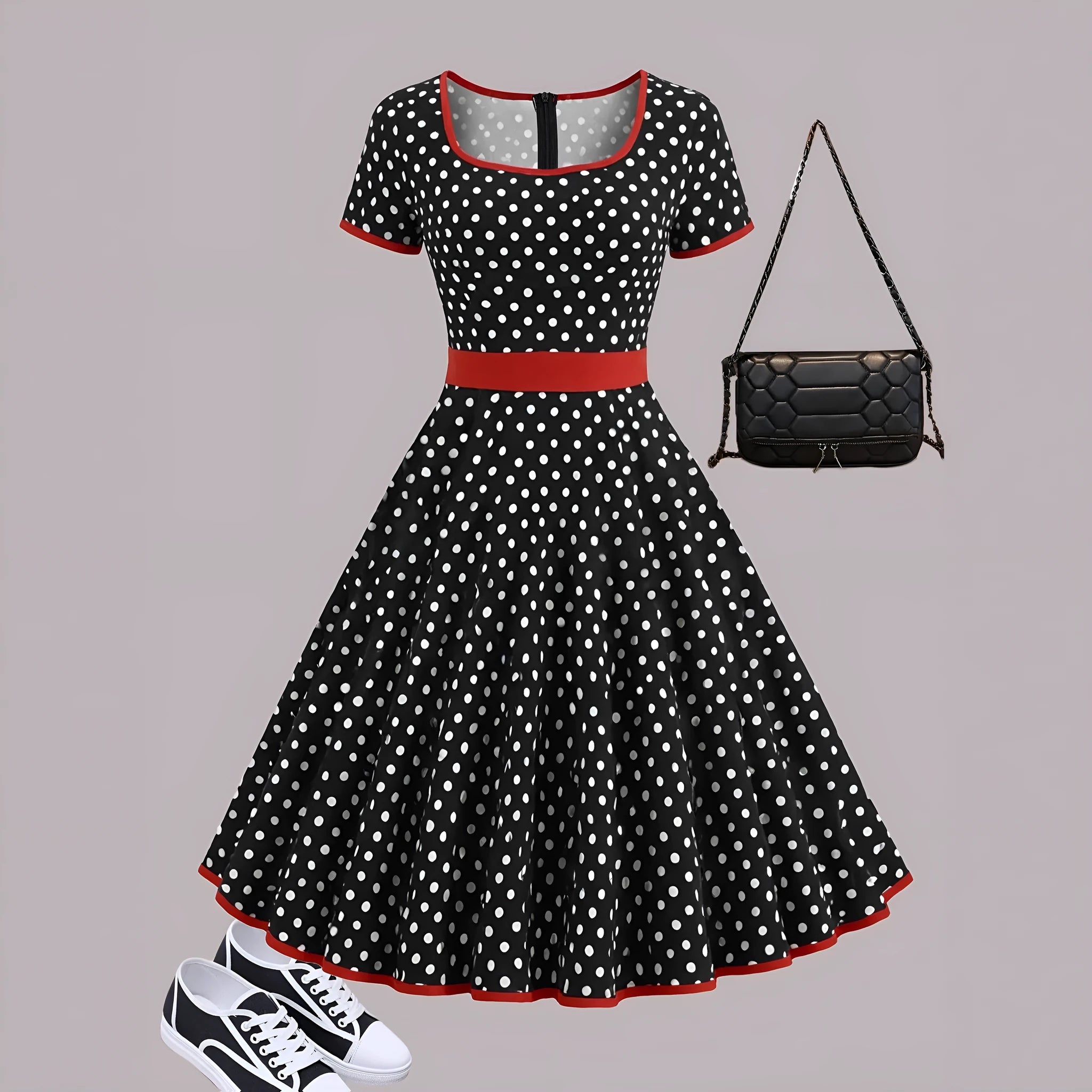 Women's polka dot pleated dress with square collar and front zipper closure in multicolour pattern