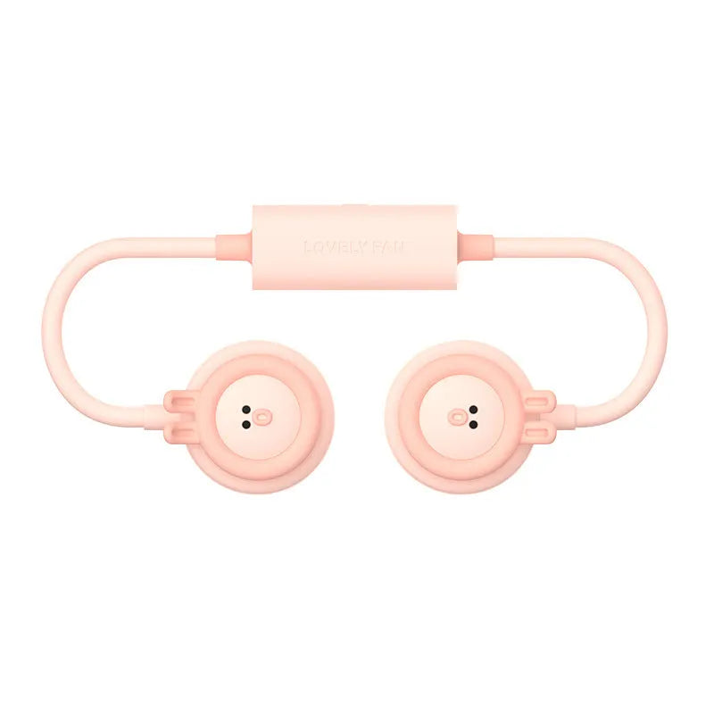 Pink foldable leafless hanging neck fan showing USB port and three-speed controls