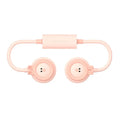 Pink foldable leafless hanging neck fan showing USB port and three-speed controls