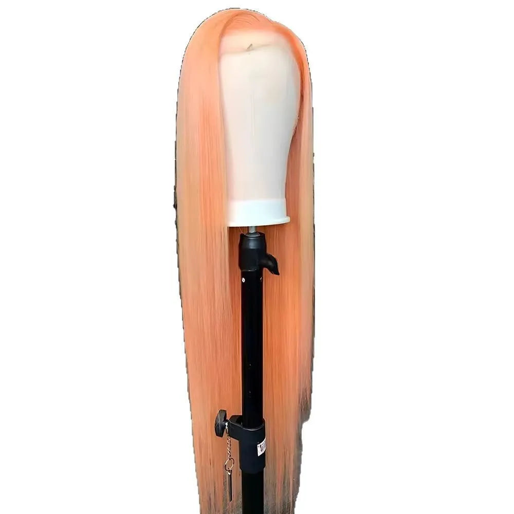 Light orange long straight front lace synthetic wig with side bangs on a wig stand