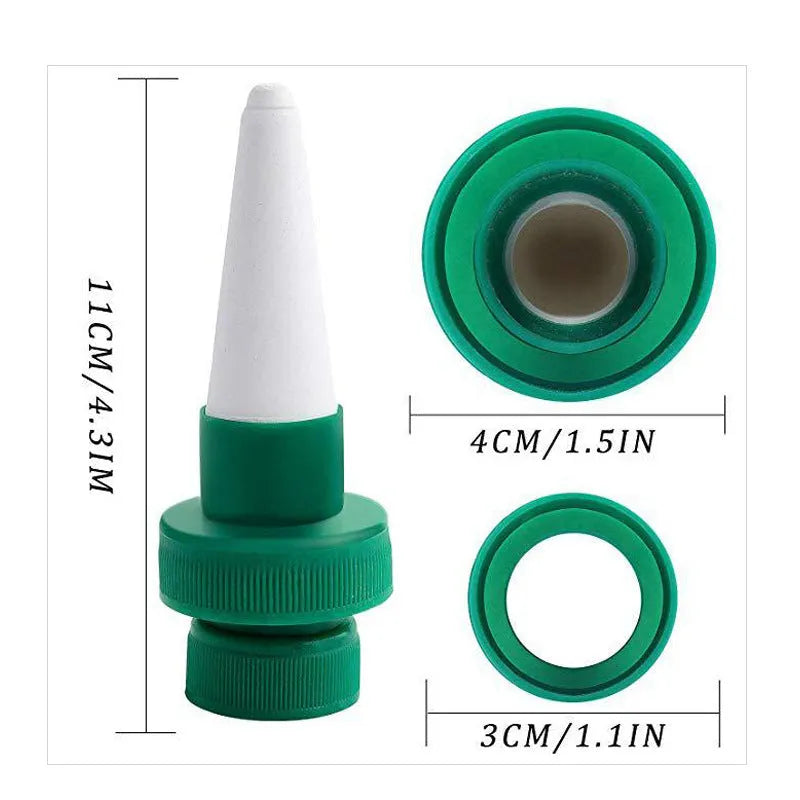 Green ceramic water dripper device for use with a cola bottle for automatic plant watering.