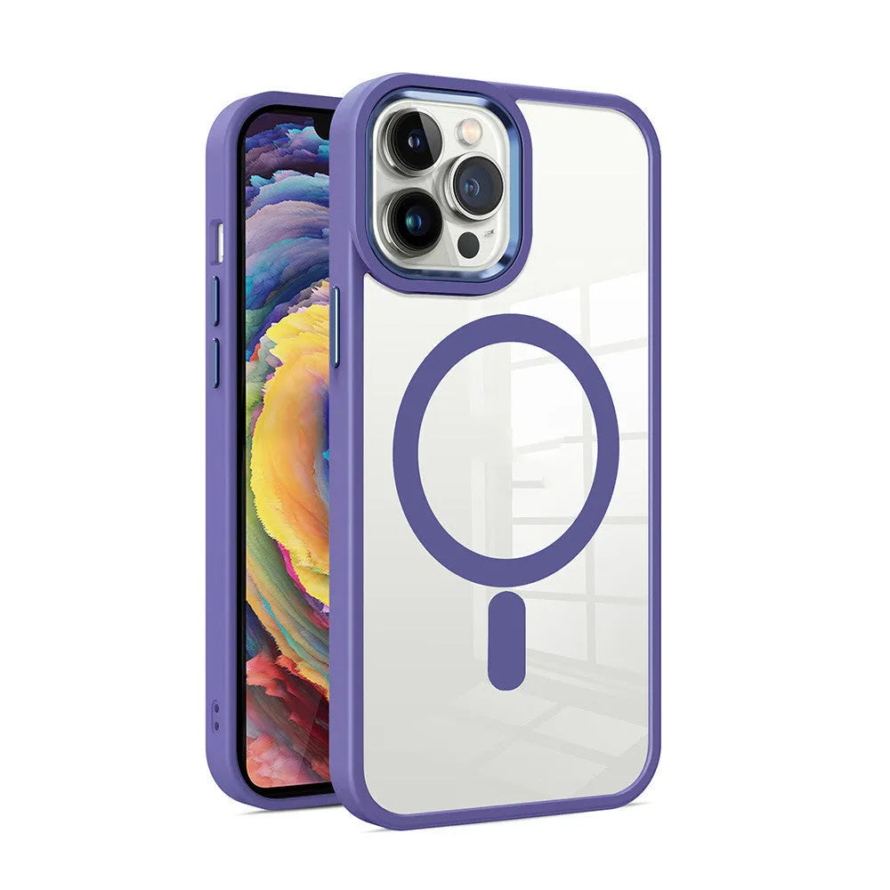 Transparent magnetic silicone phone case for iPhone in solid colour options including green, red, and blue.