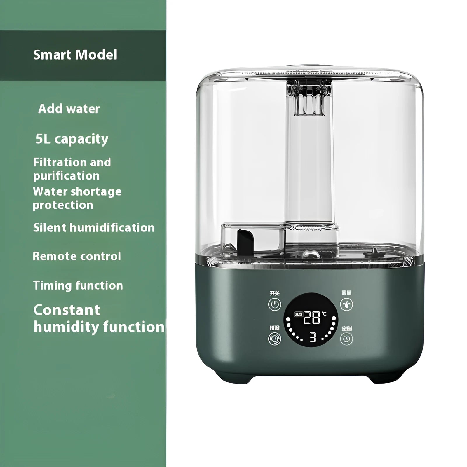 Green KC-112 intelligent humidifier with touch screen display and remote control on flat surface