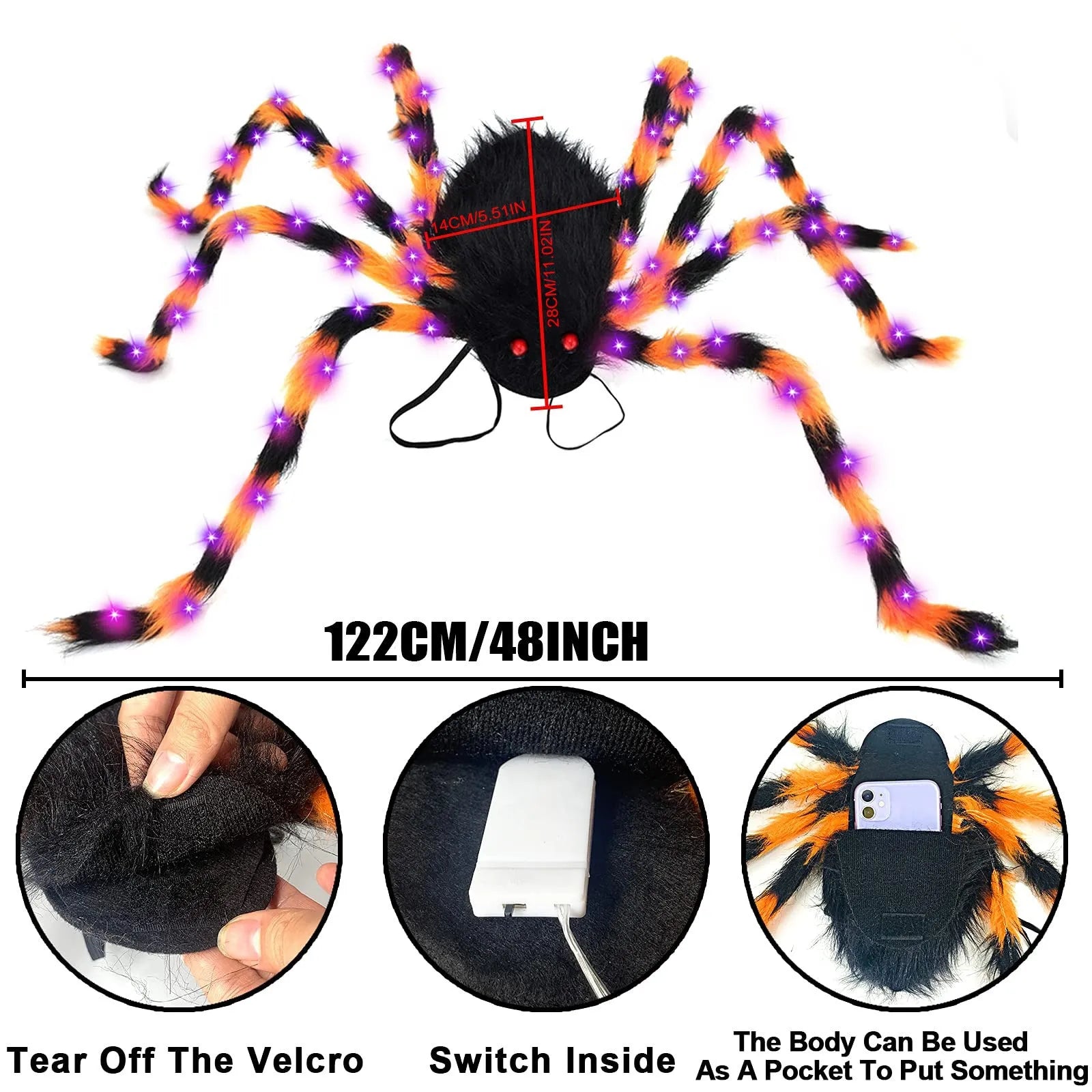 Halloween spider backpack with purple LED lights in orange colour with plush sugar bag compartment