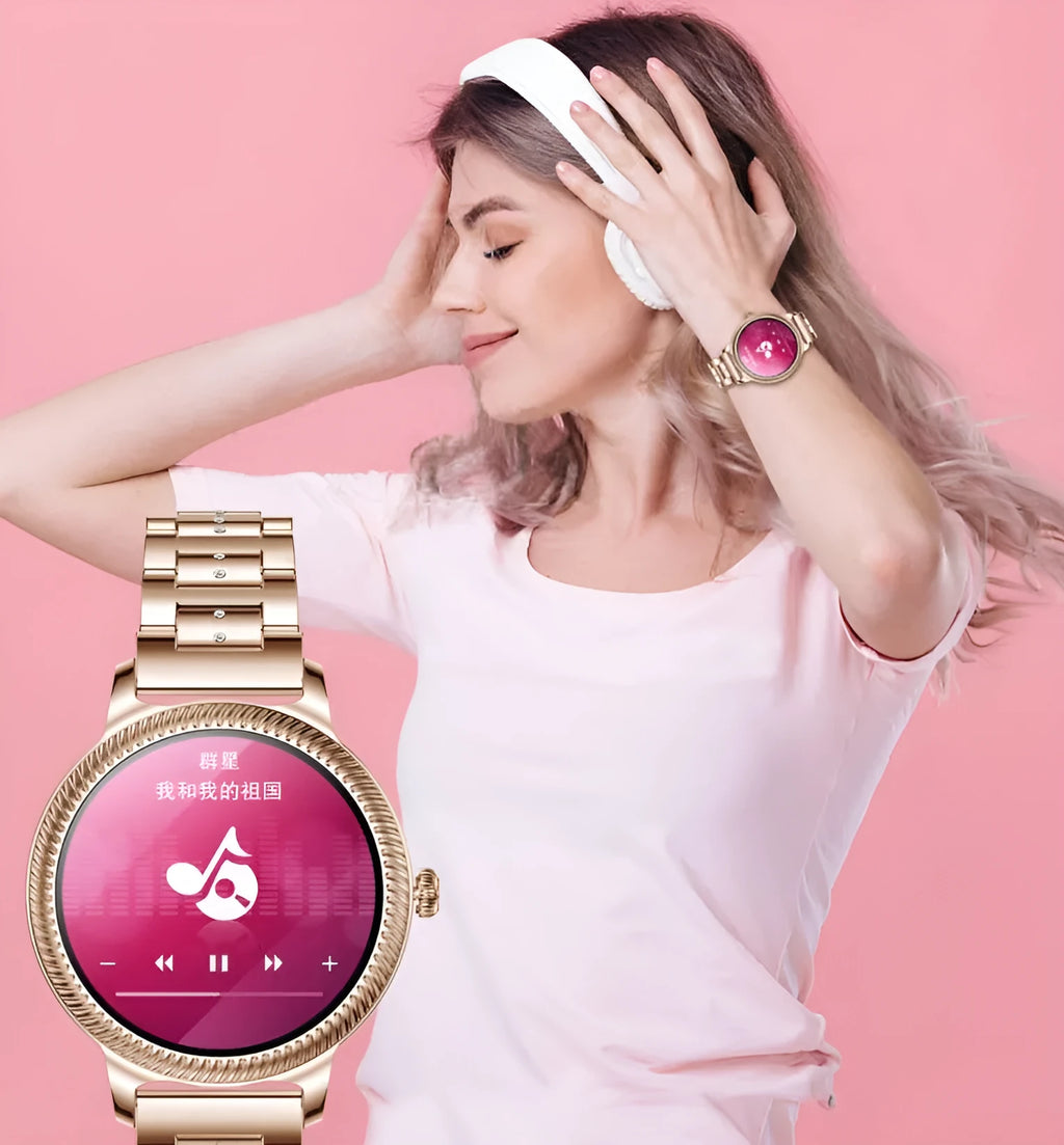 AK38 ladies smartwatch with stainless steel wristband showing 1.09-inch colour display