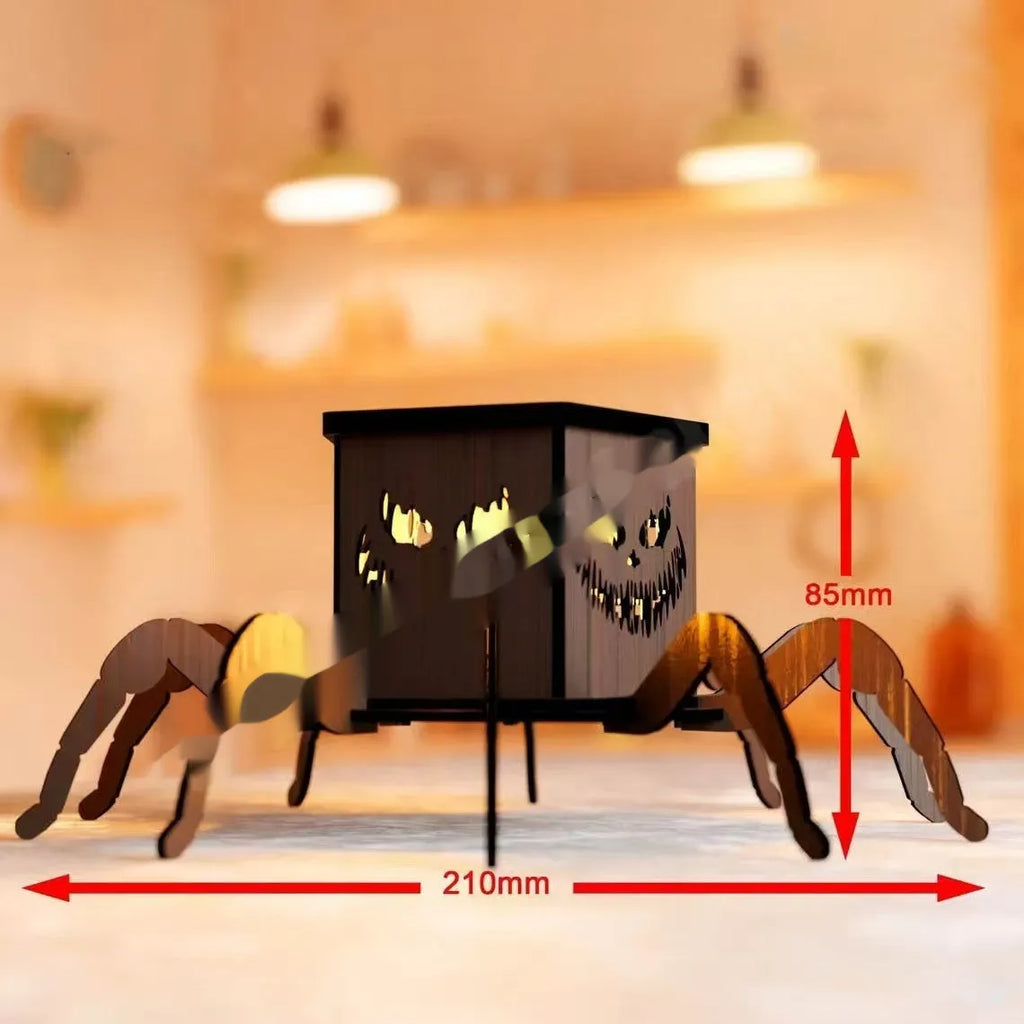 Wooden spider Halloween lantern candlestick decoration measuring 21cm by 8.5cm