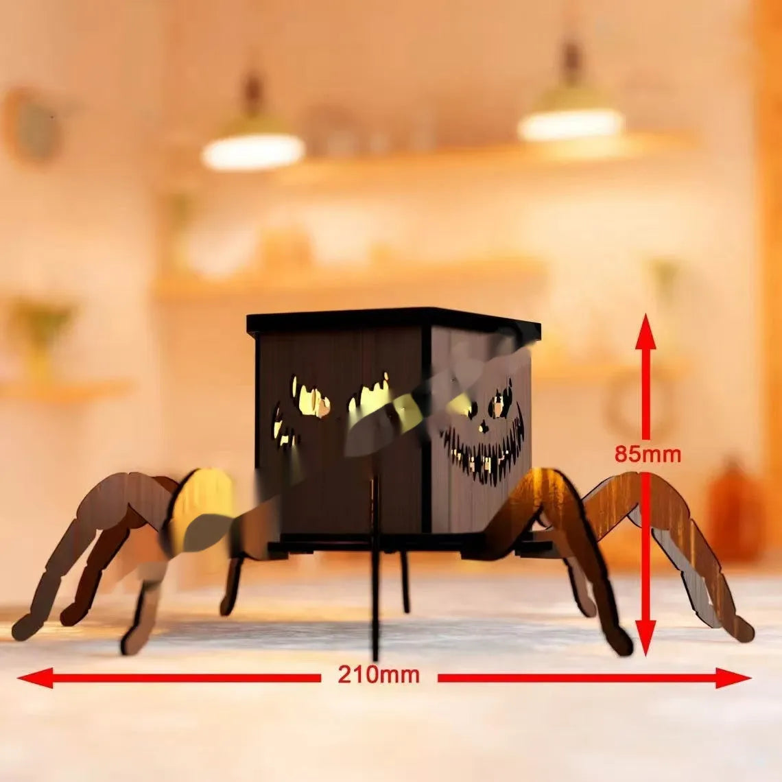 Wooden spider Halloween lantern candlestick decoration measuring 21cm by 8.5cm
