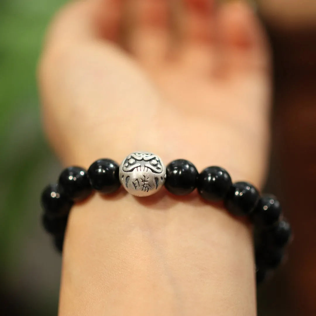 Natural black agate 10mm bead bracelet with sterling silver alloy components in Chinese style