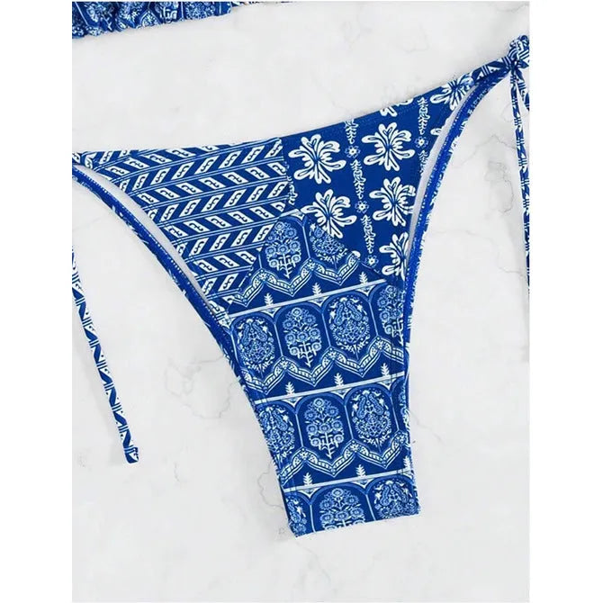 Women's split bikini swimsuit with bandage stitching in polyester fabric, available in multiple colours