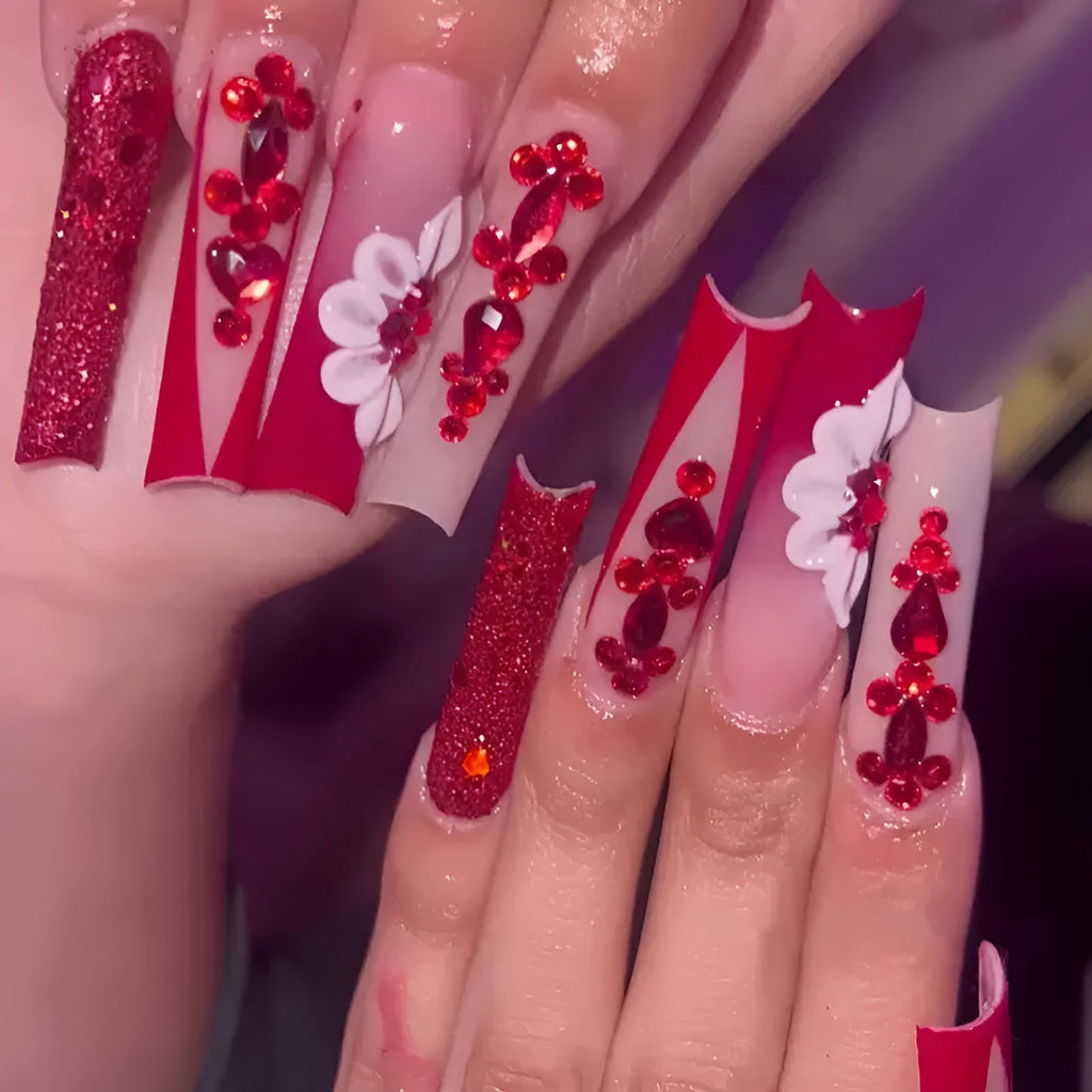 Sweet Flowers pattern false nails with red diamonds in long European Square style