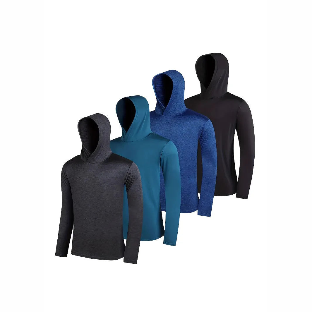 4-piece men's lightweight polyester hoodie set displayed in multiple colour options with size range S to XXXL